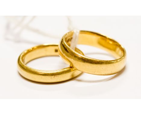 Two 22ct wedding bands, ring size L1/2 and O, gross weight approx 13.9gms