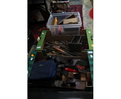Three boxes of carpenter and wood working tools, including chisels, planes, saws, etc 