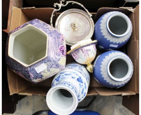 An unusual jasper ware match striker in the form of  a bee hive, together with a Wedgwood jasper ware biscuit barrel, a Spode