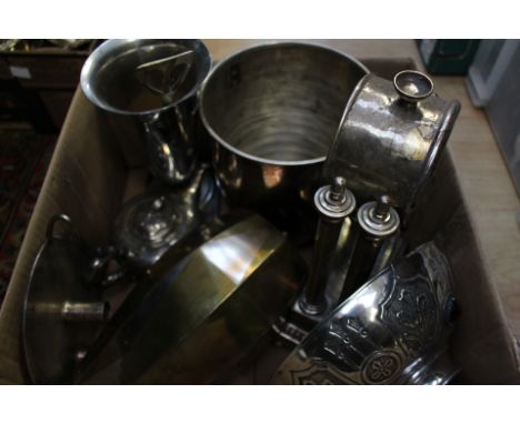 A box containing a collection of silver plated ware, comprising clock case frame, white metal lamp shade inset with faceted c