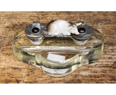 A silver mounted and cut glass inkwell, the lid applied with a figure of a Pig, Sheffield 1901, Mark Willis  