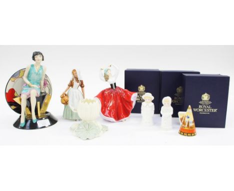 Three boxed Royal Worcester candle snuffers, including 'Boy with Boater', 'Girl with Muff', 'Swallows at Dusk', Royal Worcest