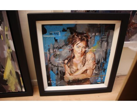 Zinsky (Contemporary British), signed, oil on canvas, portrait of actress Angelina Jolie. Approx. 84cm x 79cm (including fram