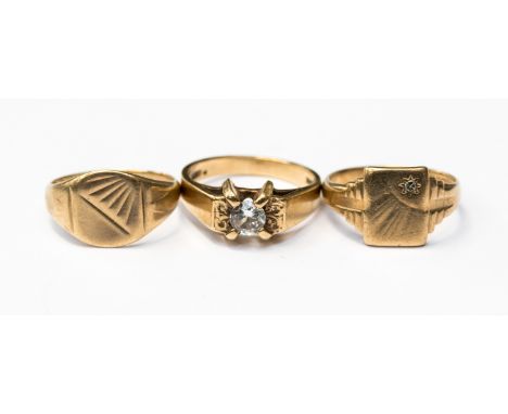 A gentlemen's 9ct gold ring with small eight cut diamond, a 9ct gold signet ring and a 9ct gold white stone set ring, combine