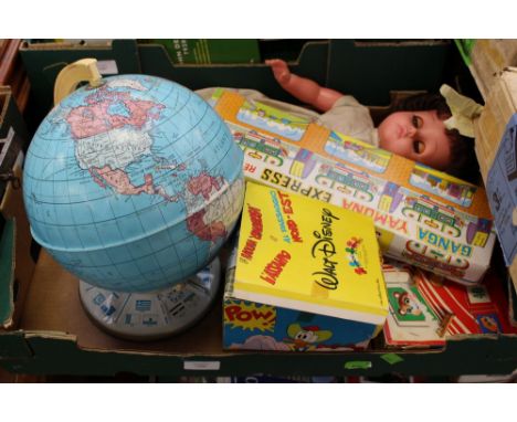 A collection of 1950s boxed toys, 1960s globe and doll and Disney toy box