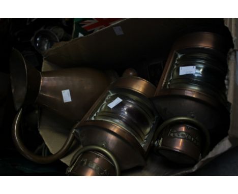 Two copper boat lamps 'Port', 'Starboard', with a copper flagon and a collection of carpenters tools, etc  