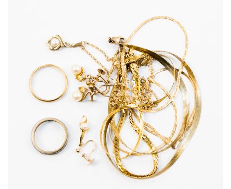 A collection of 9ct gold chains and earrings, yellow metal wedding band and 9ct gold eternity ring, approx weight 28 grams 