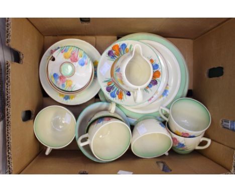 Clarice Cliff Crocus pattern part tea wares, including butter dish, milk, six tea cups, six saucers, four breakfast plates, o