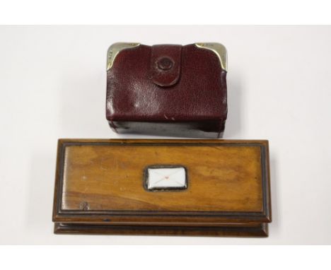 A mahogany stamp box with enamel inlay to top (af); together with a small leather playing cards wallet with silver corners, c