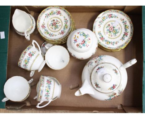A Coalport 'Ming Rose' teaset, comprising teapot, milk jug, lidded jar, six cups, six saucers and six side plates; together w