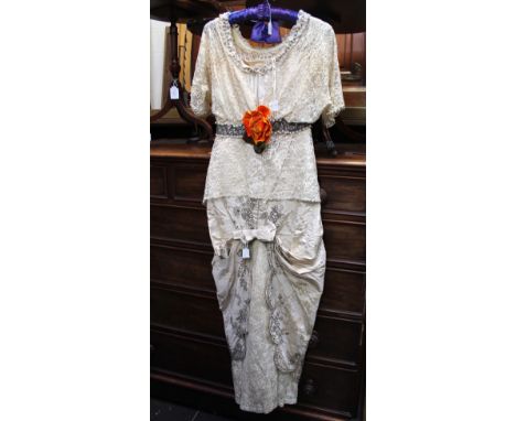 An Austrian evening/ball gown lace circa 1910/12 high waist band covered in a band of glass beads (bugle) and a flame velvet 