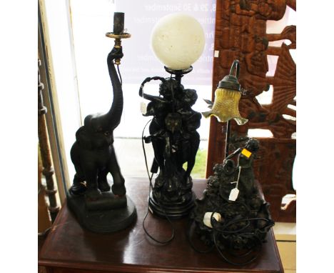 A late 20th Century table lamp/water feature, having original glass shade, with a Spelter couple painted table lamp, having g