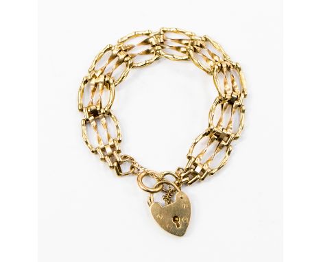 A 9ct gold ladies fancy gate link bracelet, with padlock and safety chain, weight approx 14.1 grams
