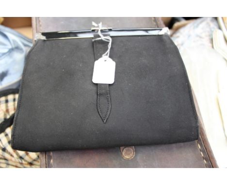 An Art Deco white metal enamel and marcasite, suede handbag, French, Derfield Burlington Arcade, with inner purse, and compac