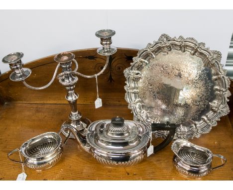 A Sheffield EPNS, three piece tea service, together with a silver plated tray with scrolled edge and chased, foliate design, 