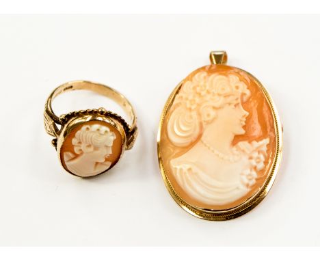 A 9ct gold cameo ring, size M, total gross weight 4.2 grams approx, along with a cameo brooch set in 9ct gold, approx 30 mm b