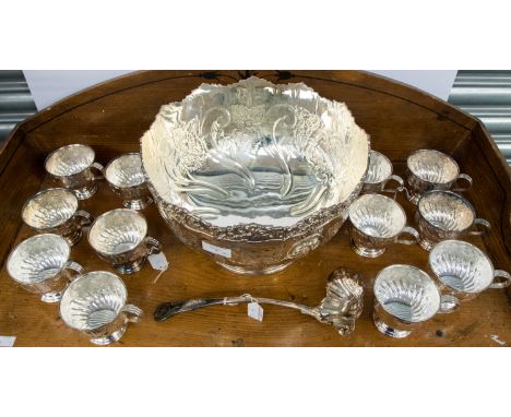 Viners of Sheffield, Alpha plate, punch bowl set comprising bowl, twelve cups and ladle (1 box)