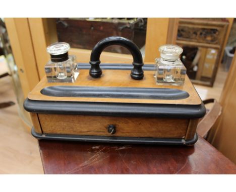Portable, double wood inkwell stand, with pen trays and a drawer to base (1)