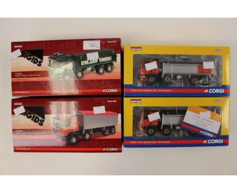 Corgi 1/50 Ltd Edition boxed rigids CC13604 RMC DAF tipper (x2), CC13909 Stocks Foden tipper, CC14201 Roland Young Scania tip