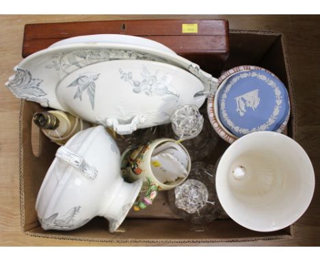 Large Victorian tureen and base, two glass decanters, musical coronation mug, Spode trinket pot, Wedgwood, boxed fish servers