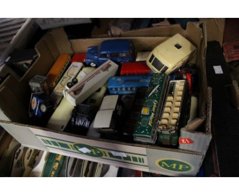 Two boxes of assorted boxed and unboxed die cast vehicles to include a boxed pair of Corgi Commercials, No 97078