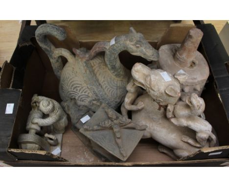 A large Chinese terracotta model of a mythical, tortoise figure, together with a similar model, a/f,  and three other terraco