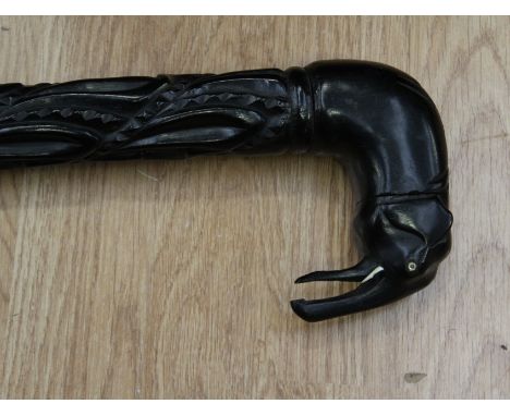 19th Century, Asian, carved ebony walking stick with elephant handle (1)