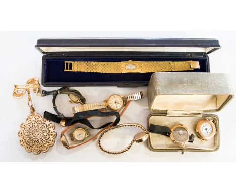 A Rotary side wind ladies gilt metal bracelet watch; together with a brooch/pendant watch, two rose gold cased early 20th Cen