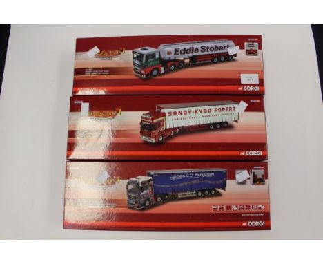 Corgi Hauliers of Renown boxed Curtainsides CC12940 Sandy-Kidd Scania, CC15204 Ferguson MAN TGX and CC15207 Eddie Stobart MAN