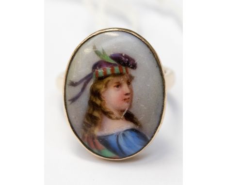  A 9ct dress ring, having oval mount with enamelled bust portrait of a lady, approx size 15mm x 20mm and a finger size of O, 