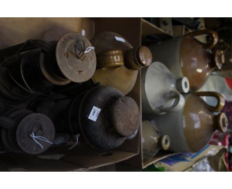 A minors lamp inscribed 'Protector', lamp and lighting, Eccles type JCM, together with three lanterns and five stoneware flag