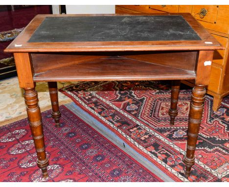  An early Victorian mahogany writing table, with an inset leather top and tapered internal shelf sections, standing on turned