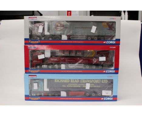 Corgi Hauliers of Renown boxed CC13235 Marshalls DAF and crane trailer, CC13409 John Mitchell DAF Curtainside and CC13408 Ric