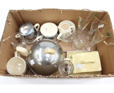 A Grays painted cheese dish and cover cherry blossom and etched Tutbury glasses '1945 Victory year' George V and Queen Mary 1