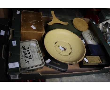 Die cutting tools, screwdriver kit, lathe gauges, clamp, volt meter, Bakelite cased volt meter, set of scales and weights (on