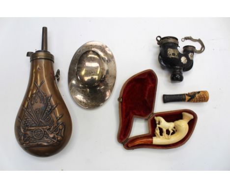 A silver capstan ink pot, s/d, a copper shot flask, cased Meerschaum pipe, cigar tube and a pipe vessel (5)