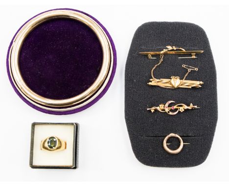 A 9ct gold bangle by Henry Birks and Sons in original case, yellow metal signet ring, two 9ct gold Victorian brooches, one de