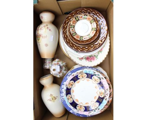 A box of ceramics including a pair of  Crown Devon Etna vases, Chinese ginger jar and cover and a selection of plates