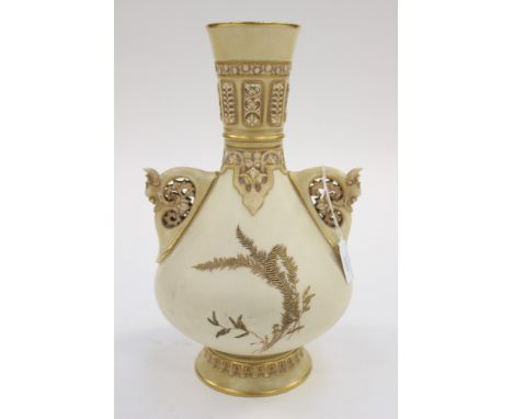 Royal Worcester blush ivory, twin handled bulbous vase, puce backstamp No. 1279, reticulated neck, raised gold fern pattern, 