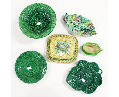 A Majolica sardine dish with various other Majolica items, including comport plates, etc 