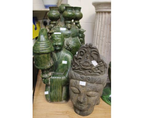 Large wooden oriental mask, together with large terracotta model of a man with lamp, and a large Chinese vase in green glaze 