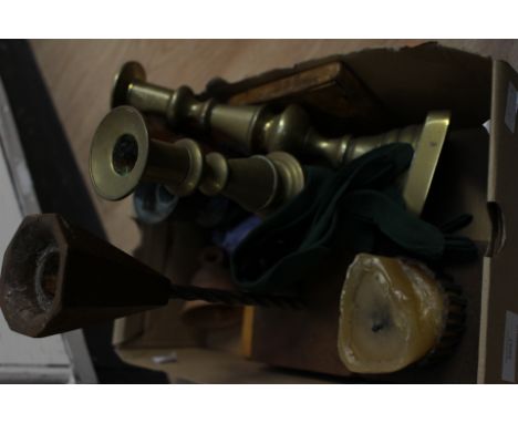 A 19th century oak and iron candle stick, walnut snuff box with mother of pearl detail, brass candlesticks, fur throw etc (1 