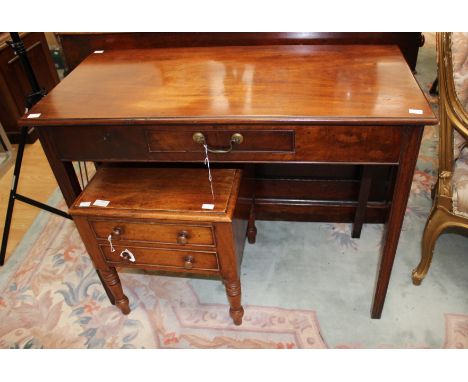 A George III mahogany side table, fitted with a single drawer to centre, raised on square legs, together with an early Victor