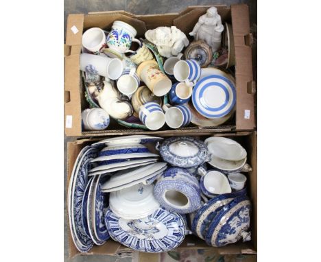 A box of blue and white ceramics to include Copeland Spode, Italian pattern and Booths Old Willow, together with a box of 19t