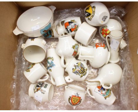 Goss crested china, 17 various pieces an crests, 'Duke of Devonshire, Chatsworth', 'Mauritius', etc
