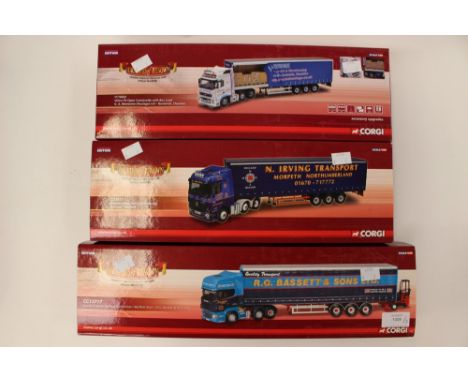 Corgi Hauliers of Renown boxed Curtainside CC13817 N Irving Mercedes, CC14024 GA Newsome Volvo, CC13717 Bennett Scania (3) 