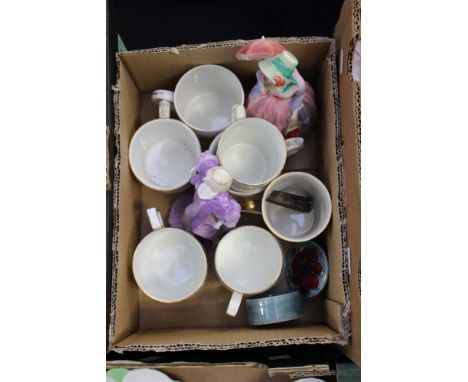 One small box of ceramic mugs, a small Moorcroft Anemone pot, Coalport 'Chloe', 'Chantilly lace', Royal Doulton HN1402, 'Miss