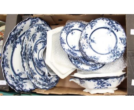 Adams blue and white, semi porcelain, part dinner service, including two twin handled servers and covers, three meat plates, 
