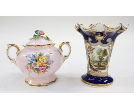 Hand painted vase, landscape on blue ground with gilding a/f, together with a Crown Staffordshire sucrier with floral encrust