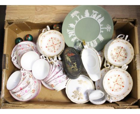 Tuscan china soup bowls and saucers and gravy boat; together with a Wetley china part teaset in the Sunderland lustre style, 